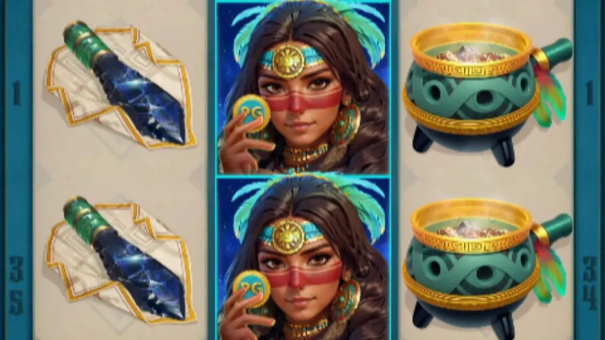 Tampilan visual slot Mayan Destiny dengan tema kuil kuno dan pendeta Ixil.