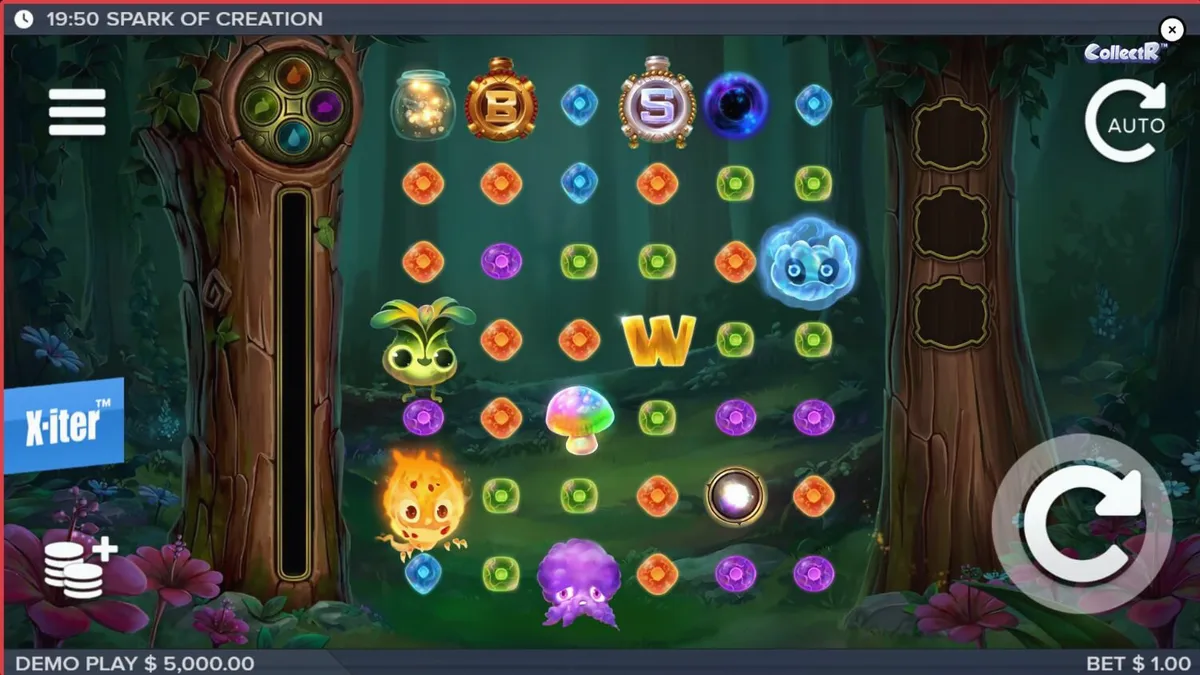 Visual makhluk elemen di hutan magis dalam slot Spark of Creation