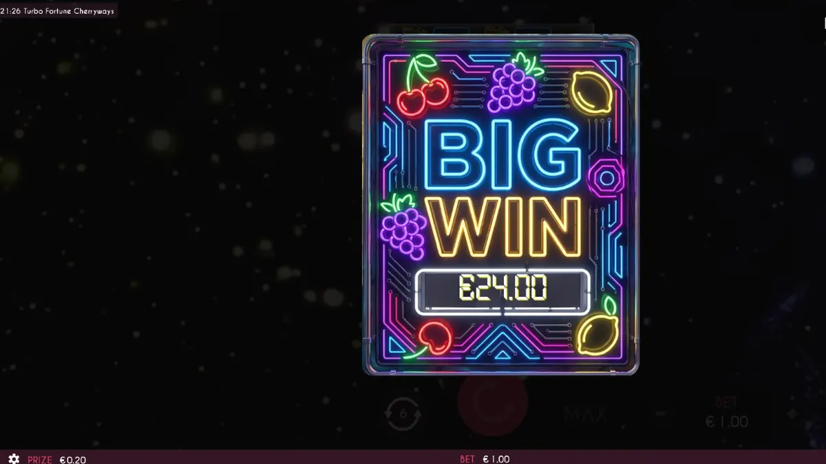 Tampilan visual neon dan simbol buah dalam slot Turbo Fortune Cherryways