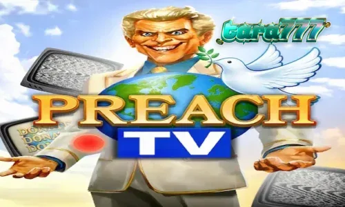 Tampilan layar utama slot Preach TV dengan nuansa studio televisi retro